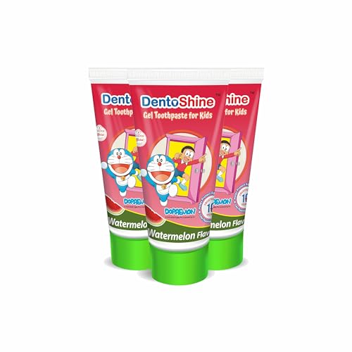 Image of DentoShine Gel Toothpaste for Kids | Pack of 3 (3, Watermelon (Doraemon))