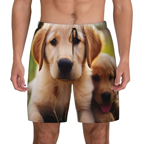 Men's Swim Trunks Quick Dry Board Shorts Cute Golden Retriever Puppy Beach Shorts with Pocket Bathing Suits for Men