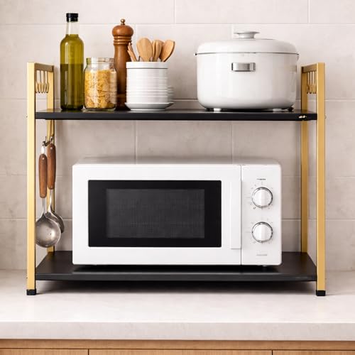 Image of Niyara Iron Metal Heavy Duty Stand 3-Tier Multistorage /Multipurpose Standing Rack, Bathroom Countertop Storage Shelf Cosmetic Organizer Holder Kitchen Spice Rack (Microwave stand black with gold)