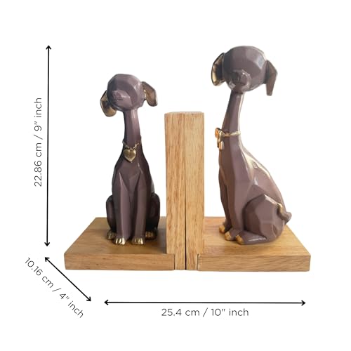 Image of eCraftIndia Wooden Book End and Set of 2 Cute Dog Statues Animal Figurines Decorative Showpieces for Home Decor in Living Room Office