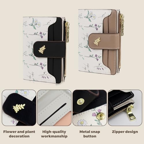 Small Wallets for Women,Cute Floral Women Card Holder Wallet with Snap Zipper PU Leather Bifold Wallet for Daily Shopping Traveling (Black)4