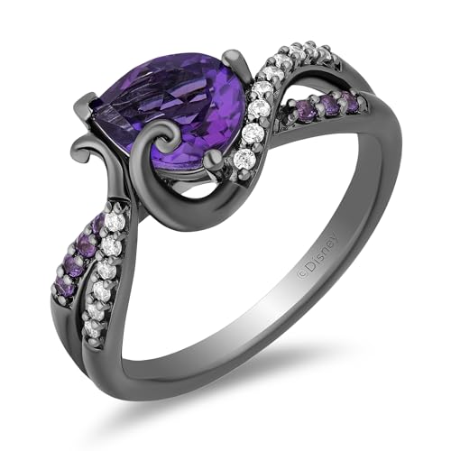 Jewelili Enchanted Disney Fine Jewelry Black Rhodium over Sterling Silver with 1/10 CTTW Diamond and Amethyst Ursula Ring