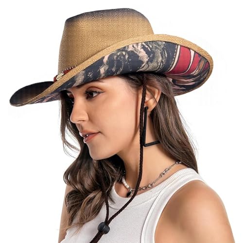 Image of Cowboy Hats for Women, Brown Cowgirl Hats Classic Straw Western Hats for Women Music Festival Party Beach.
