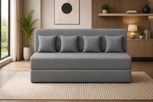 Image of Sofa Cum Bed with Jute Fabric, Convertible Four Seater Sofa Bed 6x6 Ft, Comfortable Cushioned Seating, Space Saving Design for Living Room, Bedroom & Guest Room - Grey Color