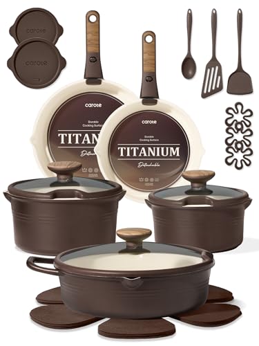 Image of CAROTE 22Pcs Titanium Cookware Set, Pots and Pans Set Non Stick, Kitchen Cooking Set with Detachable Handle, Non Toxic Induction Cookware, Dishwasher/Oven Safe, Browm