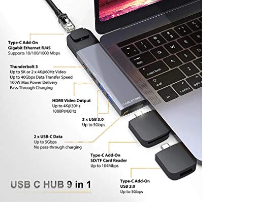 Image of Tobo Dual Type C to USB3.0 / LAN /HDMI /Thunderbolt 3 /USB SD + USB-C Charger PD 9 in Adapter Compatible with Mac-Book Pro 2016 2017 (Dual Type-C 9 in 1)
