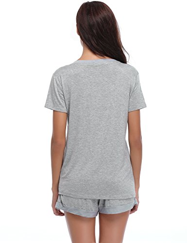 Aibrou Women's V Neck Short Sleeve Sleepwear Cotton Pajama Set, Gray, X-Large