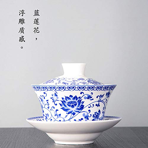 Image of Liang baobao Traditional Gaiwan Tea Set with Lid and Saucer Blue Lotus Design Tea Cup Flower Porcelain Teacups 10oz