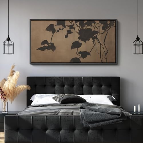Image of MUDECOR Extra Large Framed Canvas Print Wall Art Minimalist Shadow Leaves Neutral Botanical Silhouette Antique Retro Ready to Hang Painting for Living Room Bedroom Multi-Sizes - 60 inchx30 inch