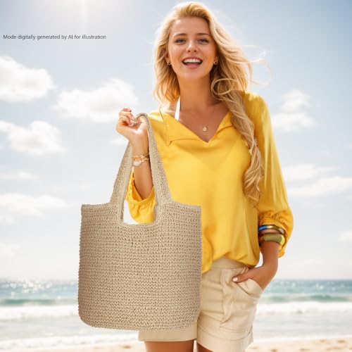 Image of Beach Shoulder Bags for Women,Handwoven Rattan Straw Beach Bag Summer Sea Casual Shoulder tote Basket Bag For Women