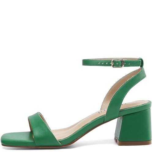Image of TEAIEUI Block Heels for Women, Square Open Toe Heeled Sandals, Chunky Ankle Strap Shoes for Dress, Party, Prom, Low Heel 2 inch, Green, Size 9