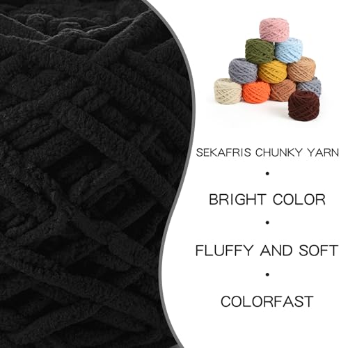 Image of 3 Pack Fluffy Chenille Chunky Yarn for Crocheting 100g(65.6yd) - Baby Yarn for Crocheting Soft - Velvet Yarns for Crochet Blanket - Amigurumi Crochet Yarns(Black