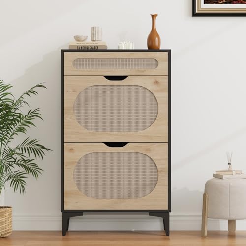 GarveeHome Rattan Shoe Cabinet with 2 Flip Drawers and 1 Pull-Out Drawer, Free Stand Shoe Storage Cabinet, 3 Adjustable Shelf, Narrow Shoe Cabinet for Entryway/Porch, Black