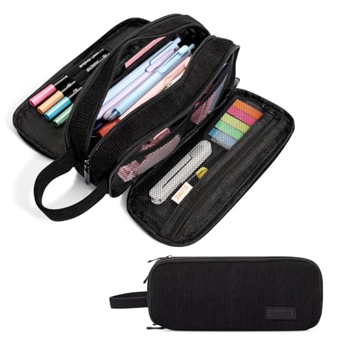 SUNEE Large Capacity Pencil Case with 3 Compartment Extra Big Pencil Pouch Pencil Bag with Zipper Cute Stationery Organizer Soft Corduroy Pen Box School Supplies for Student Girls Boys Jet Black