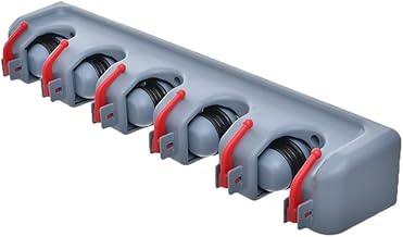 حامل مساحة موب ومكنسة من 4 علاقات و3 فتحات، يُركّب على الحائط ومنظم أدوات تنظيف بلاستيكي، لتخزين موفّر للشرشوبة وللمقشات وأدوات المنزل (رمادي، 6 خطافات)