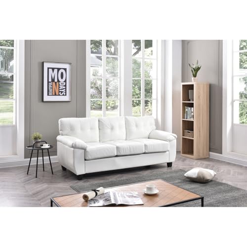 Maykoosh Vintage Variety Faux Leather Upholstery Fabric Button Tufted Sofa with Padded Arm Style and Tufted Back, White - 33" D x 78" W x 35" H