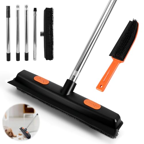 Kinberry Rubber Broom for Pet Hair Carpet, Pet Hair Remover with Long Handle and Squeegee, 125 cm Carpet Brush for Pet Hair, for Rug, Tile, Hardwood Floor