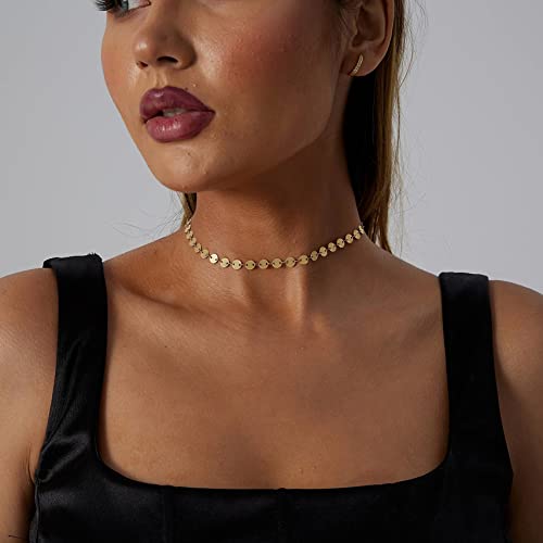 CAROVO Dainty Gold Chain Choker Necklace for Women 18K Gold Plated Minimalist Figaro Beaded Lace Satellite Coin Chain Necklace Delicate Choker Jewelry Gifts for Women2