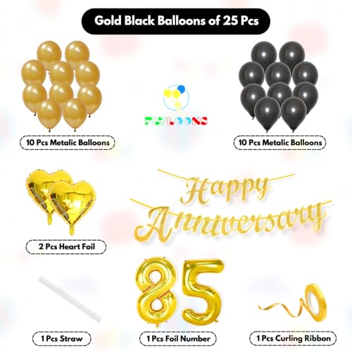 Image of Flyloons 85th Happy Anniversary Decoration Items Gold Black for Men Women Husband Wife Mom Dad Couple Home Bedroom Car With 20 Pcs Metallic Balloons Anniversary Banner 2 Pcs Heart Set Kit Golden