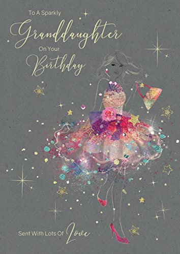 Cherry Orchard Granddaughter Birthday Card - To A Lovely Granddaugther On Your Birthday - Artistic Lady In Gorgeous Blue Floral Dress - Flitter & Gold - View #11