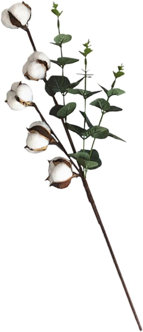 SEWACC 1pc Dried Cotton Flower Eucalyptus Leaf Decorative Floral Branch for Home Wedding Decor Arrangement Lifelike Simulation Elegant Centerpiece