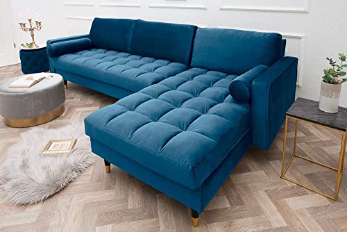 Ecksofa 260cm Ottomane beidseitig Comfort blau Samt Federkern Design Elegant 3er-Sofa Lounge