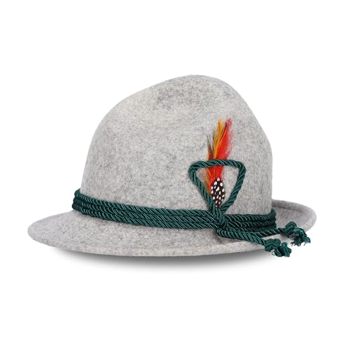 Steigenhfer German Alpine Hat - Hans - 100% Wool Hats for Men - Adjustable - Oktoberfest Bavarian hat with Real Bird Feather - Grey - 7 3/8