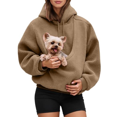hoodie damen weiß, Damen Hoodie mit Katzen Hund Tasche Haustier Kapuzenpullover Winter Warm Langarm Sweatshirt Kuschel Hundetasche Kapuzenpulli Übergröße Katzentasche Pullover Niedlicher Pulli Khaki M