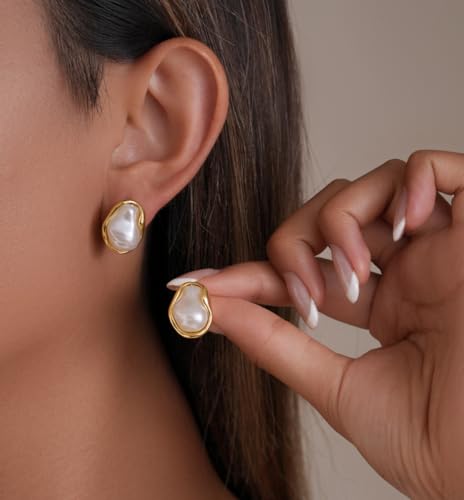Gold/Silver Pearl Stud Earrings for Women Trendy Hypoallergenic Irregular Baroque Pearl Earrings Wedding Prom Formal Jewelry Gift4