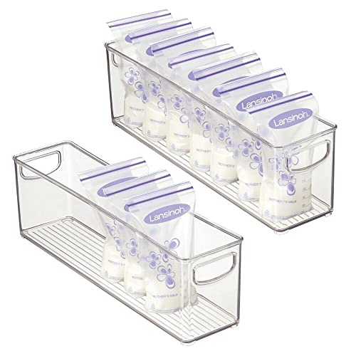 Image of mDesign Plastic Long Stackable Storage Organizer Container, Organization Bin with Handles for Kitchen, Pantry, Fridge, Freezer, Cabinet. Perfect to Hold Breast Milk in the Refrigerator - 2 Pack, Clear