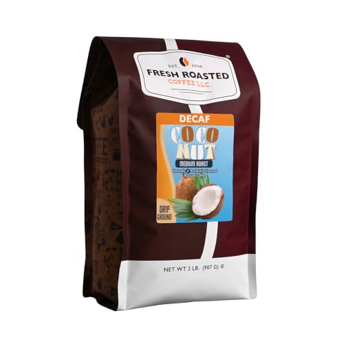 Fresh Roasted Coffee, Decaf Coconut Flavored Drip Ground Coffee, Medium Roast, Kosher, 2 lb (32 oz)