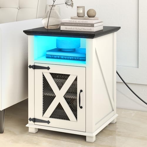Farmhouse End Tables with Charging Station, LED Nightstand with Power Outlets, Bedside Table with Charger Station, White Side Table for Living Room with Storage & Barn Door