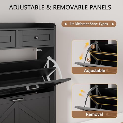 Image of Shoe Cabinet with 2 Flip Drawers & 2 Top Drawers, 43 inch Tall Freestanding Narrow Wooden Shoe Storage Organizer for Entryway, Hidden Slim Shoe Rack for Front Door Entrance, Hallway, Living Room, Black