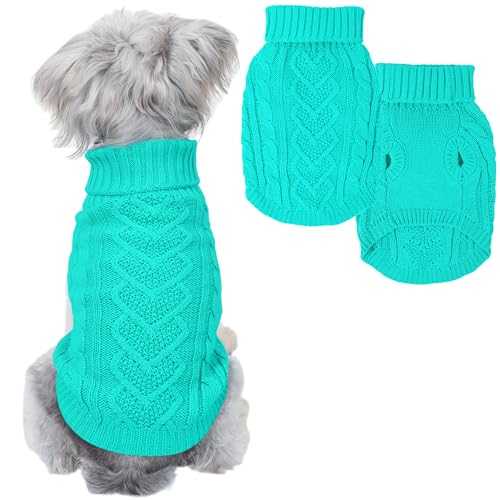 Image of Dog Sweaters Small Dog Clothes for Winter Solid Knitted Puppy Sweater Warm Pet Cat Sweater Doggy Pullover Outfit with Heart-Shape Design(Lake Green, Medium)