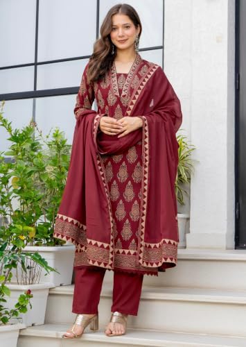 Image of Amayra Woman's Pure Cotton Straight Kurta Sets with Pant & Dupatta|Kurti Set for Woman|Suit Set for Women Cotton