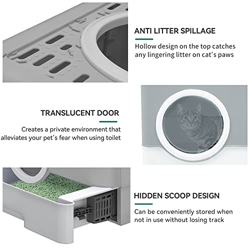 YITAHOME Katzentoilette mit Deckel, Katzenklo Groß, Katzenklo Hop In, Geruchlose Katzentoilette mit Kapuze, mit Schublade und Abfallschaufel (Grau)