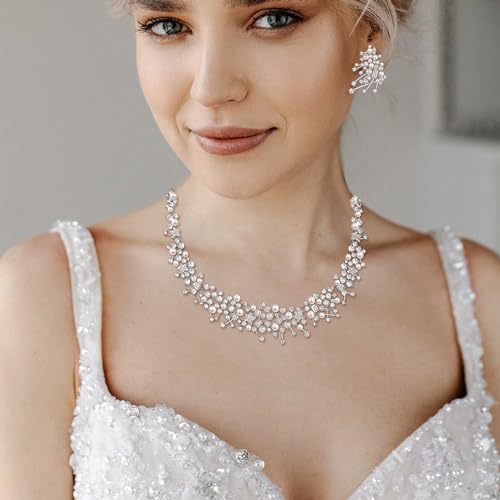 Image of White Faux Pearl Leaf Vine Bridal Cubic Zirconia Jewelry Set for Women | Wedding Party Necklace Earrings for Bridesmaid Bride
