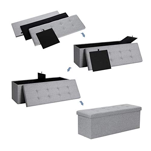 SONGMICS Folding Storage Ottoman Bench, Foot Rest, Stool, Storage Chest with Wooden Divider, Holds up to 660 lb, Light Grey ULSF77G