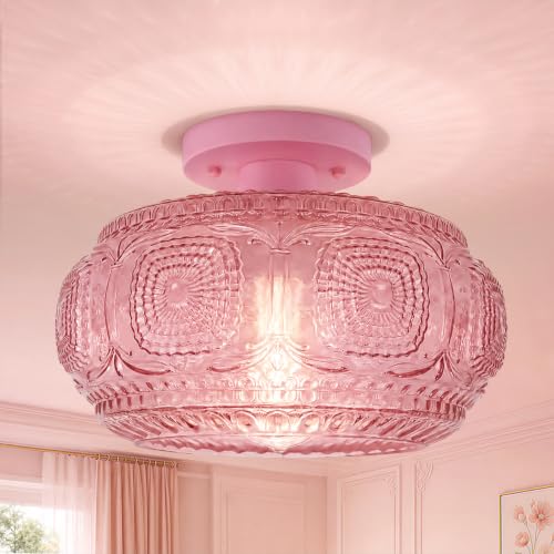 Image of Large Globe Glass Semi Flush Mount Ceiling Light Fixture, Pink