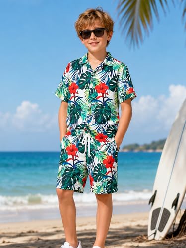 Image of LittleSpring Boys Summer Outfits Button Down Short Sleeve Hawaiian Shirts and Shorts Set