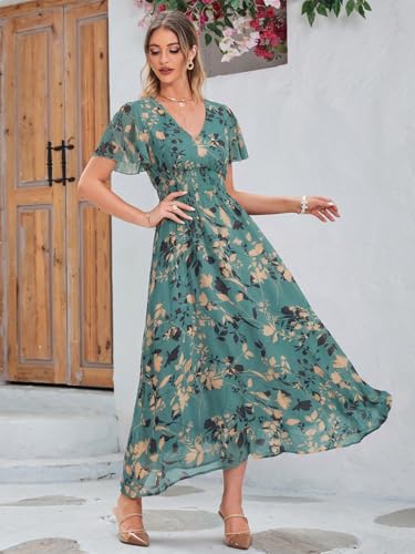 Image of Simplee Women's Boho Floral Maxi Dress Flowy Casual V Neck Short Sleeve Wedding Guest Holiday Beach Long Dress