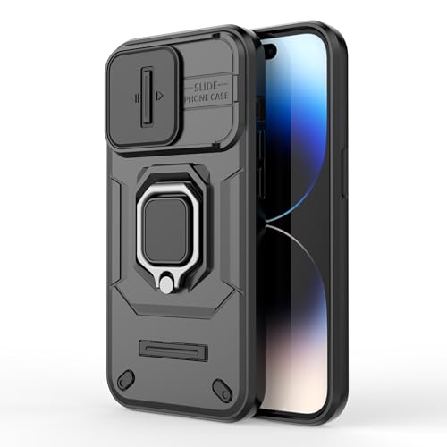 Image of Polycarbonate Camshield Pro Case With Slide Camera Protection And 360 Protection Ring Stand Bumper Back Case Cover For iPhone 14 Pro (Black)