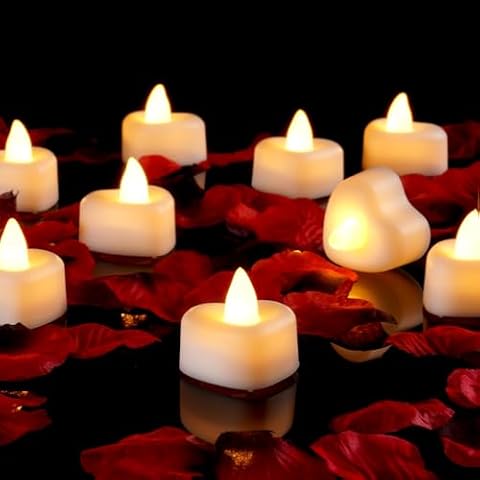 Amagic 1000 Pieces Artificial Rose Petals with 12 Heart LED Tea Lights Candles Kit, Rose Petals and Candles Set for Proposal, Anniversary, Valentine's Day, Special Romantic Night, Wedding Table Decor Cover