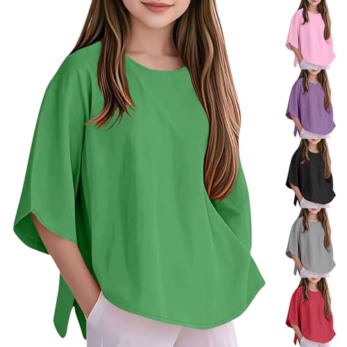 Kids Girls Tunic Blouse Loose Soft Solid Short Sleeve Shirts Tops Teen Girls Boho Summer Casual Crew Neck Tees Clothes