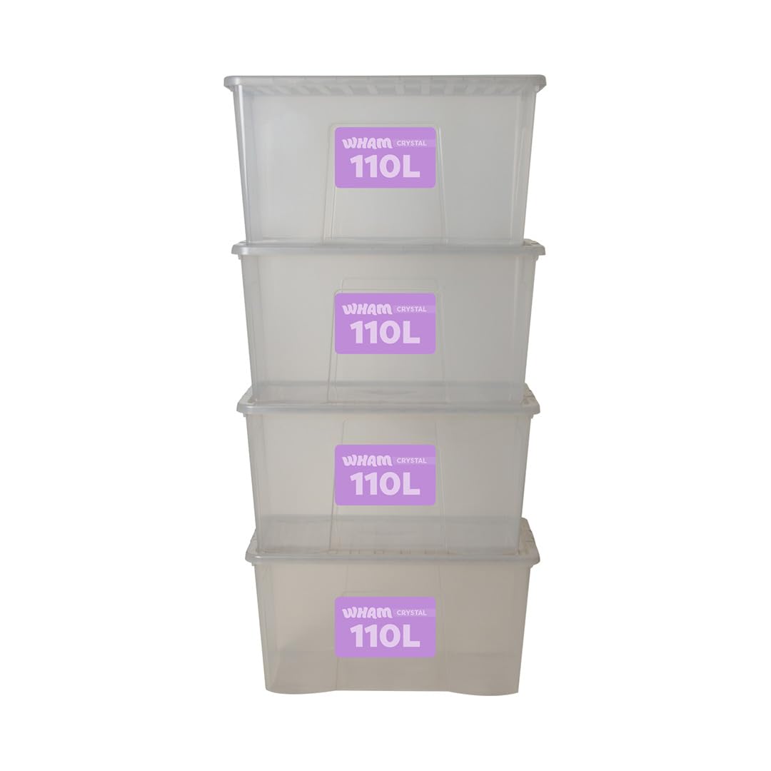 Wham Tint Grey Plastic Storage Boxes With Lids 110 L Home Office Stackable Nestable Container Box, Easy Fit Durable Protective Storage Box, 79.5 X 39.5 X 42 Cm - (Set Of 4)