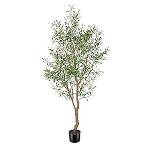 7ft Faux Olive Tree – Fake Potted Olive Silk Tree with Planter Natural Olive Branches and Realistic Leaves Artificial Tree for Home House Office Decor Indoor