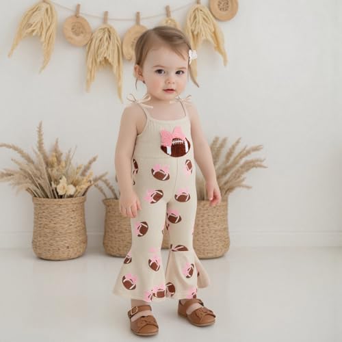 Toddler Baby Girl Football Outfit Bow Embroidery Spaghetti Strap Romper Bell Bottoms Jumpsuit One Piece Clothes3