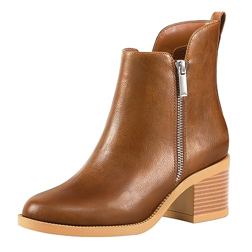 PIZZ ANNU Women's Fashion Ankle Boots Round Toe Low Chunky Block Heel Non-Slip Comfortable Short Boots Side Zipper Booties Shoes, Brown 9.5