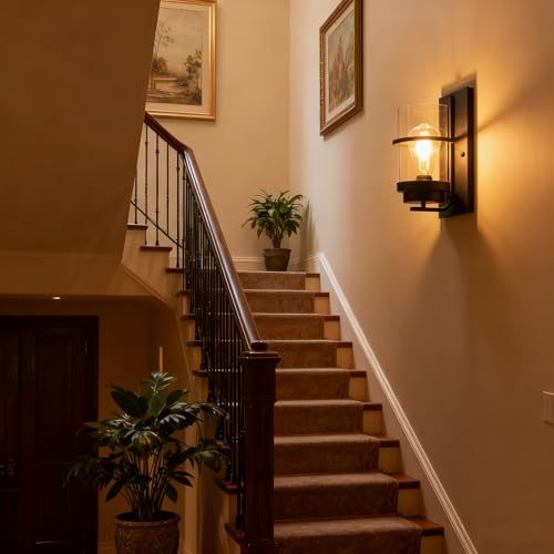 Image of Modern Farmhouse Black Wall Sconce,Glass Wall Light Fixture,E26 | Industrial hardwired indoor fixture,ideal for bedroom,hallway,bathroom and living room,modern style home decor with E26 base.
