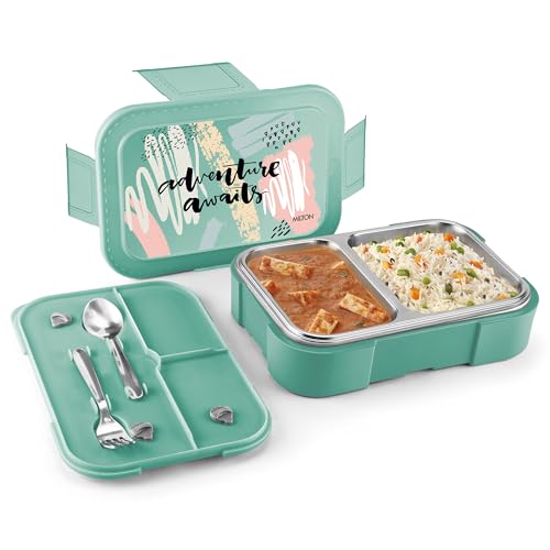 Image of Milton Bravo 2 Inner Stainless Steel Tiffin Box for School, 2 Partition, Steam Release Plug| PU Insulated, Leak-Proof, Food Grade I Lunch Box for Kids Boys,Girls with Snap Lock Lid,650 ml,Pastel Green